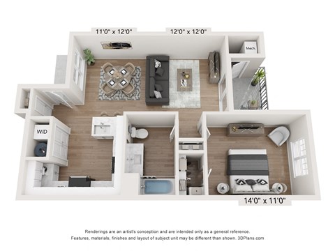 Floor plan for 1 bed, 1 bath, 800 sqft